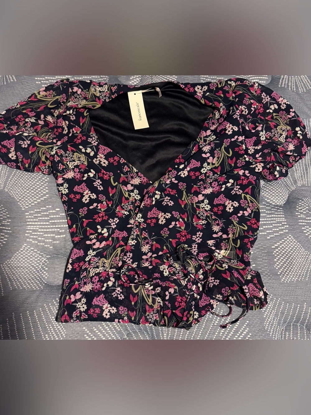Francesca's Navy Satin shirt with Pink Floral Trim